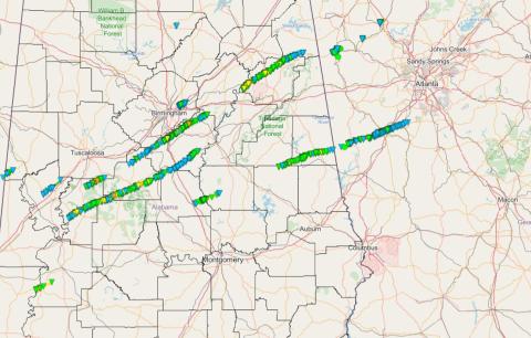 Map of Lightning Jumps in Alabama and Georgia