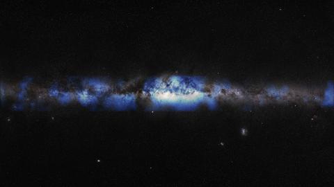 An artist’s composition of the Milky Way seen with a neutrino lens (blue).