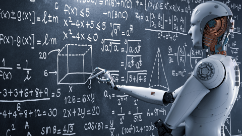 A humanoid robot solving complicated math problems on a blackboard.