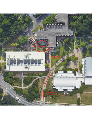 Pedestrian pathways affected by construction near MARC and MRDC Georgia Tech campus
