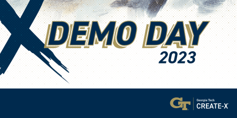 Demo Day Banner of blue and gold with paintbrush X
