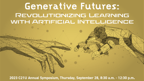 An illustration of a human and a humanoid reaching each other. Generative Futures: Revolutionizing Learning with Artificial Intelligence