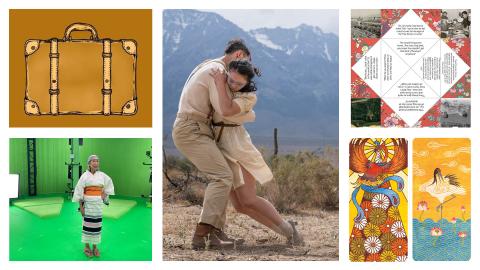 Collage of six artworks including an illustrations of a suitcase and colorful birds, and photographs of a women standing in front of green screen, man and woman in embrace, and origami paper.