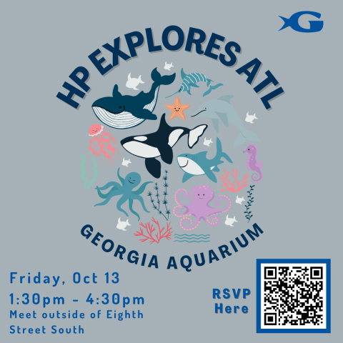 A flyer promoting the Honors Program trip to the Georgia Aquarium. The image shows an illustration of different marine animals like an octopus, jellyfish and whales, and a QR code leading to the RSVP link.