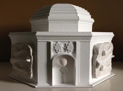 Fanciful depiction of a building, with elements including shells and bones. 