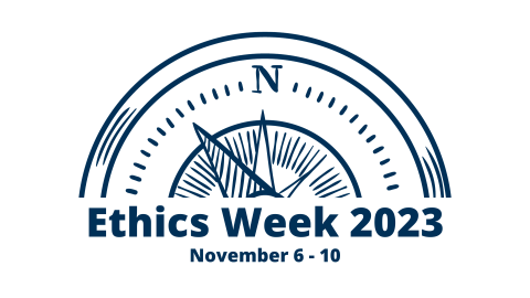 Image of a cartoon compass with "Ethics Week 2023 - November 6 - 10"