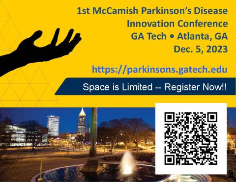 Flyer with yellow background at top and on bottom photo of McCamish Pavilion. Black silhoutee of a hand on the left side; on the right side, event details and a QR code