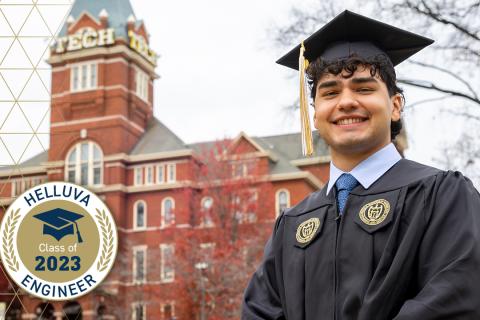 Kian Zarbaf in front of the Tech Tower with a "Helluva Engineer - Class of 2023" overlay graphic