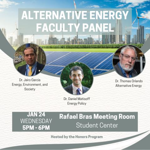 A flyer for the Alternative Energy Faculty Panel being held on January 24th, hosted by the Georgia Tech Honors Program. 