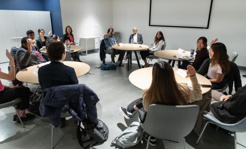 Microsoft Chairman and CEO Satya Nadella participated in a student roundtable discussion before receiving an honorary Ph.D. from Georgia Tech during a ceremony inside the John Lewis Student Center's Atlantic Theater Thursday.
