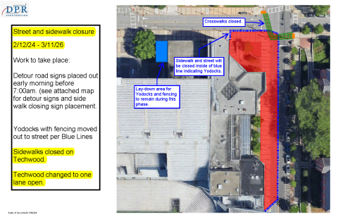 map of sidewalk and southbound lance Techwood Drive closure for SAPC construction