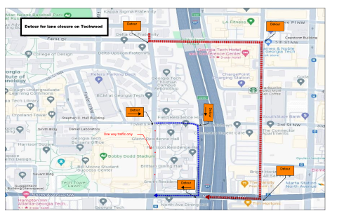 Map of detour route for southbound lane closure of Techwood Drive for SAPC construction.