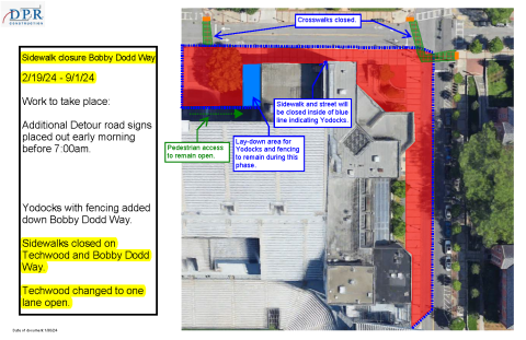 Map of sidewalk closure on Bobby Dodd Way for SAPC construction.