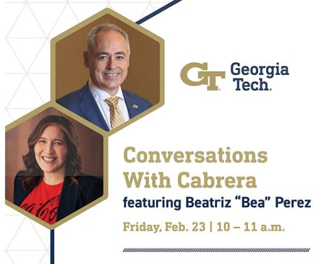 promotional slide for event featuring Ángel Cabrera and Beatriz Perez