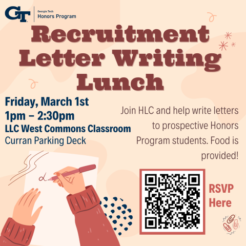 A flyer for the Honors Program Recruitment Letter Writing Lunch on March 1st, 2024.