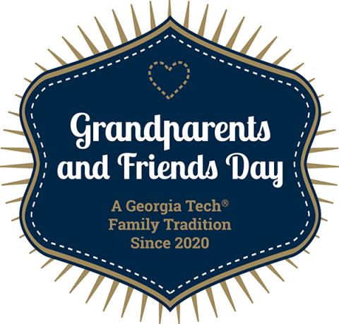 a navy blue shield with a gold and white border and gold rays pointing outwards from the entire perimeter, with the words Grandparents and Friends Day a Georgia Tech Family Tradition