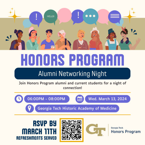 A flyer for the Honors Program Alumni Networking Night on March 13th, 2024.