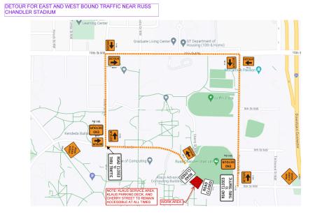 logistics plan for detour due to road closure of Ferst Drive between Cherry Street and Fowler St.