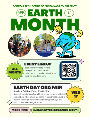 Flyer depicting invitation to Earth Month 2024 event in the Kendeda Living Building patio from 11 a.m. to 1 p.m. on Wednesday, April 17, 2024. 
