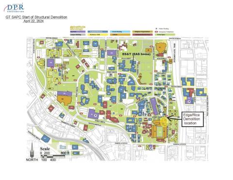 Map of campus indicating location of demolition site.