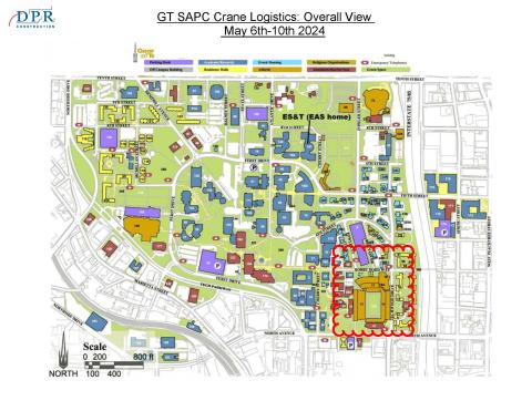 map of logistics for crane staging May 6 - 10 on Bobby Dodd Way