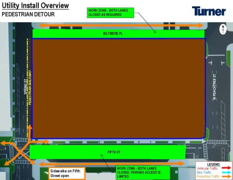 Construction impact for pedestrians Tech Square Phase 3 beginning May 20.