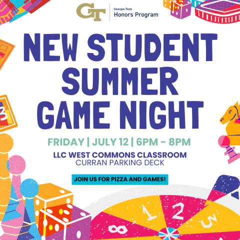 A flyer promoting the Honors Program New Student Summer Game Night on July 12th, 2024.