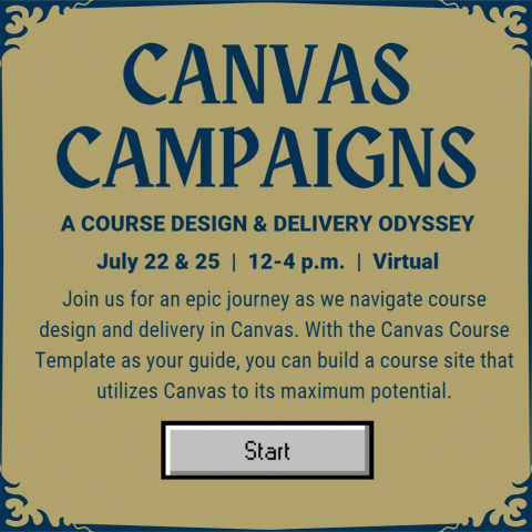 Image reads "Canvas Campaigns: A Course Design & Delivery Odyssey" in a blue scripted font over a gold background.