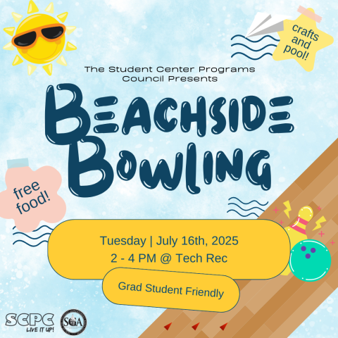 Graphic reading beachside bowling with colorful beach-themed illustrations