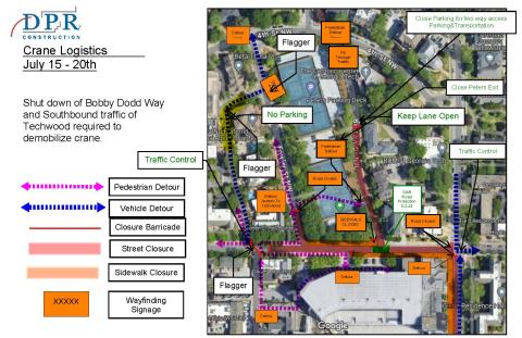 Logistics plan for Bobby Dodd Way closure for crane demobilization and utilities work.
