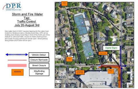 Logistics for road closure of Bobby Dodd Way for Student Athlete Performance Center construction.