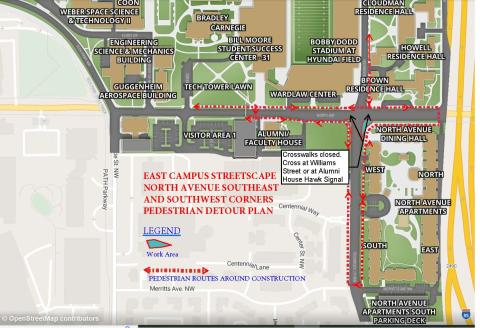 image of logistics plan for pedestrian detour during construction at North Avenue and Techwood Drive 