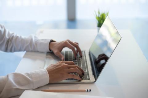 Photo of hands typing at computer.