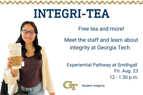 A young woman with dark hair and glasses holds out a to-go cup of tea. Integri-TEA free tea and more Experiential Pathway at Smithgall Friday Aug 23 12 to 1:30 pm