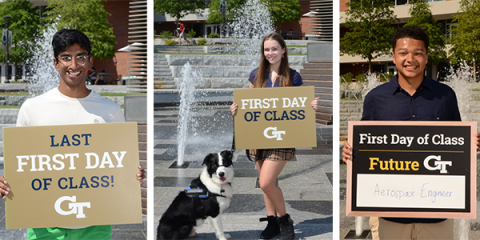 Three separate photos of college students standing in front of a fountain holding signs that it is the first day of class