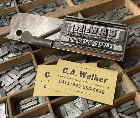 Printmaking calling card and type faces blocks