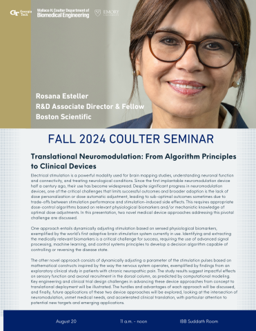 Flyer with image of speaker Rosana Esteller at top of page with the description of her presentation below