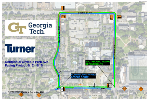 map of detour for construction during milling and paving on Centennial Park Drive
