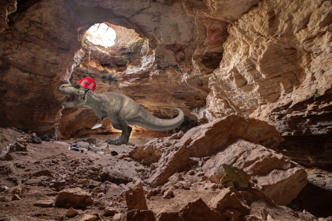 A dinosaur wears a red helmet for Fossil Fridays 