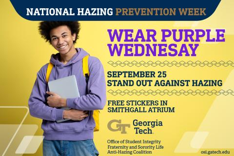 National Hazing Prevention Week Wear Purple Wednesday September 25 with an image of a smiling student wearing a purple sweatshirt
