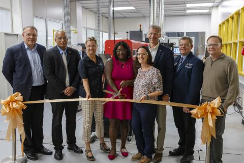 Partners of the facility gathered for an official ribbon cutting ceremony. From left to right: Eric Vogel, Devesh Ranjan, Julia Kubanek, Tequila Harris, Christine Conwell, Tim Liewen, Thomas Kurfess, and J. Carson Meredith.