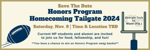 Banner ad for the Honors Program Homecoming tailgate on 11/9/24