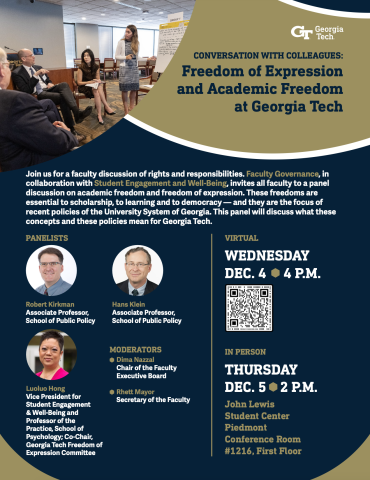 Flyer for Conversations with Colleagues event. Contains a QR code for the Dec. 4 virtual option.