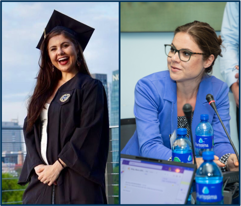 A split screen shows one picture of a woman in a graduation gown and another of her speaking into a microphone.