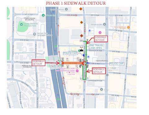 Pedestrian detour route for milling and paving of Fifth Street.