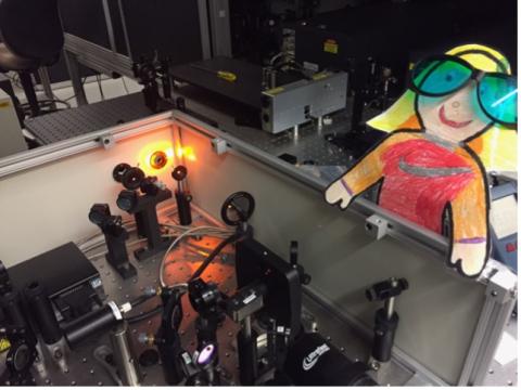 A Sfeir lab researcher demonstrating the proper use of safety glasses.