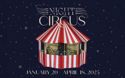 Image of a red and white circus tent over a starry night background. Exhibit title and dates are superimposed over the background