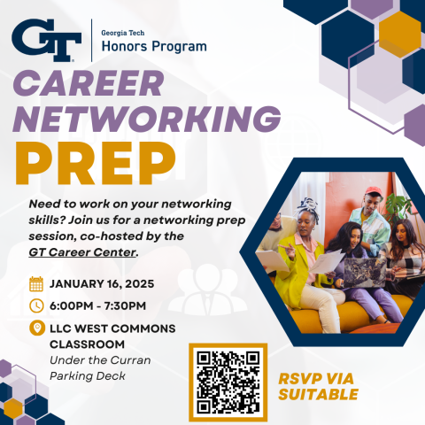 Event flyer for the Honors Program Career Networking event on January 16th, 2025. 