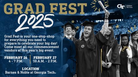 graphic for Grad Fest happening on February 26 and 27 at the bookstore for Spring graduates 