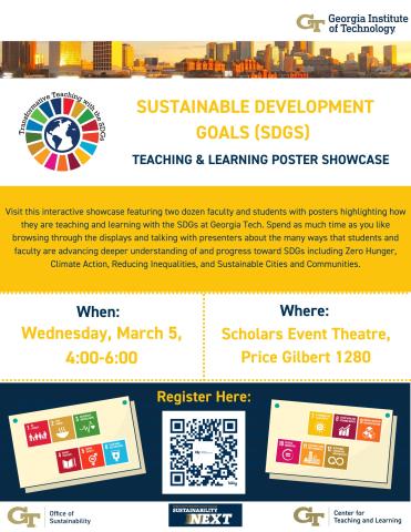 poster stating the date (March 5) and time (4-6 pm) and location (Scholars Event Theater in Price Gilbert) of a Sustainability poster showcase inviting campus to attend. 